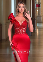 HONGIVEY Elegant Ruffles One Shoulder Evening Dress Sexy Red Mermaid Prom Gown