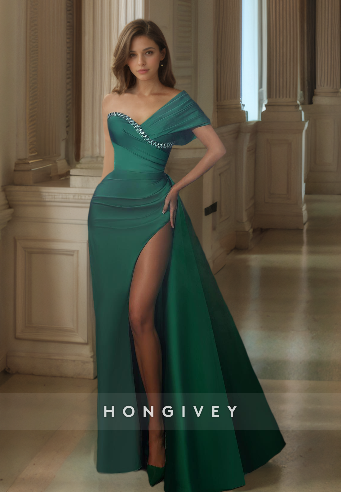 HONGIVEY Elegant One Shoulder Evening Dress Side Slit Green Long Formal Party Prom Gown