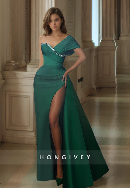 HONGIVEY Elegant One Shoulder Evening Dress Side Slit Green Long Formal Party Prom Gown