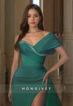 HONGIVEY Elegant One Shoulder Evening Dress Side Slit Green Long Formal Party Prom Gown