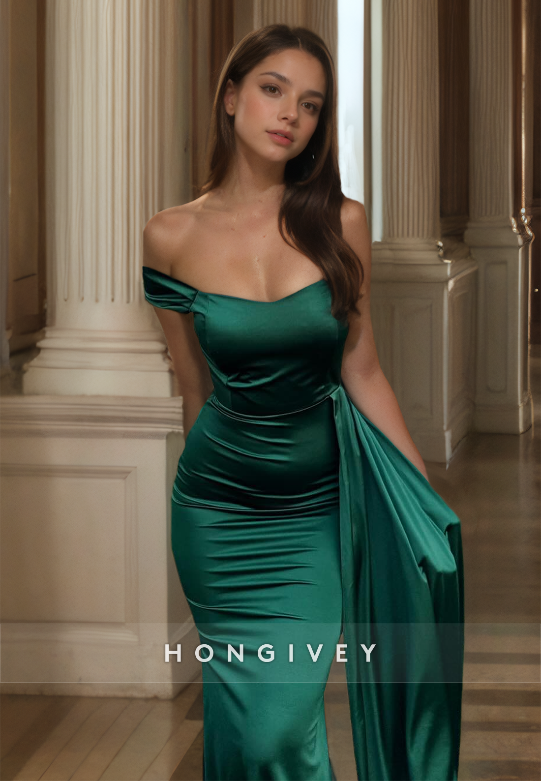 HONGIVEY Elegant Off-Shoulder Mermaid Satin Evening Dress Formal Party Gown Custom