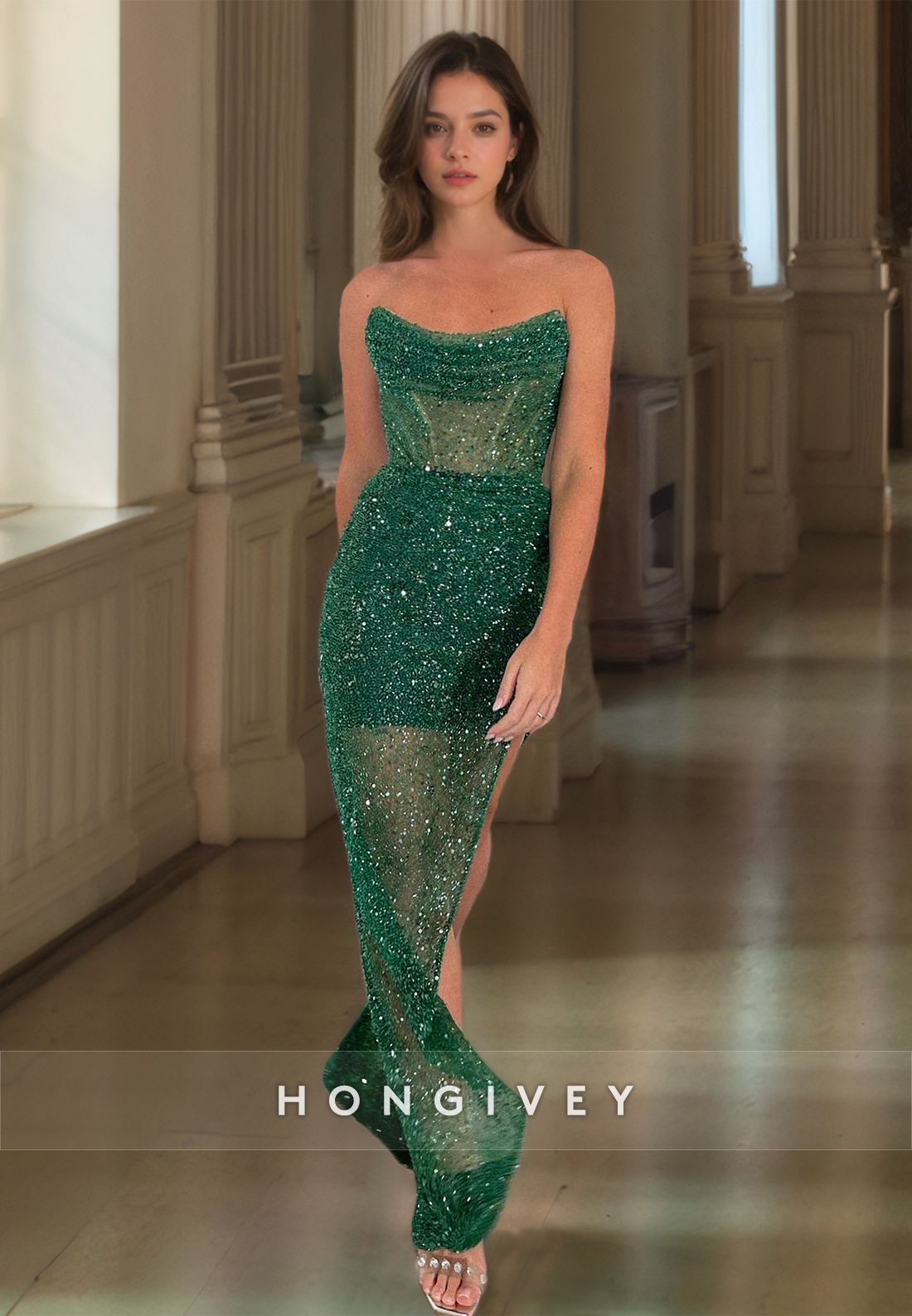 HONGIVEY Dark Green Sequins Sheath Evening Dress Sleeveless Long Party Gown