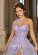 HONGIVEY Lilac Tulle Prom Gown Lace Flowers One Shoulder Side Slit A-Line Evening Dress