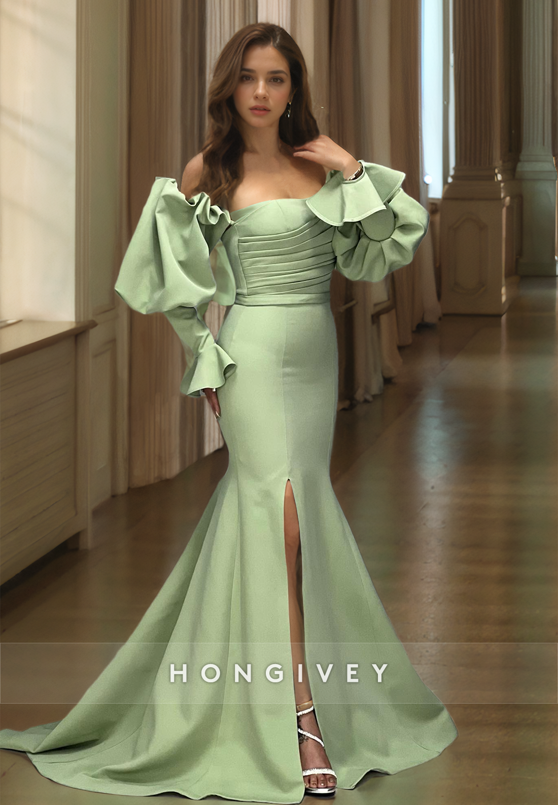 HONGIVEY Ruffles Mermaid Prom Gown Girls Off-Shoulder Custom Homecoming Dress