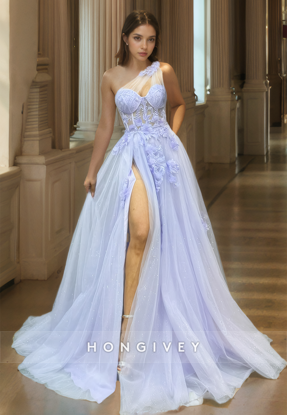 chinese dress ladies HONGIVEY Lilac Tulle Prom Gown Lace Flowers One Shoulder Side Slit A-L