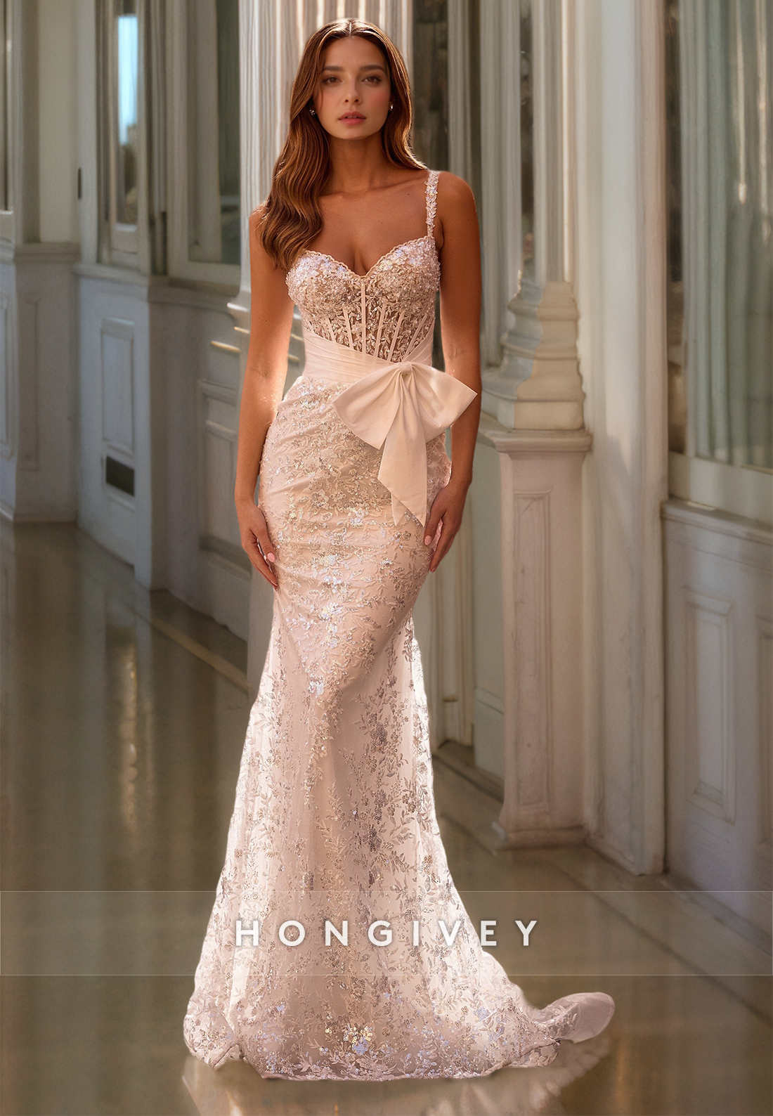 HONGIVEY Elegant Mermaid Evening Dress with Bow Belt Gorgeous Formal P