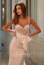 HONGIVEY Elegant Mermaid Evening Dress with Bow Belt Gorgeous Formal Party Gown with Train