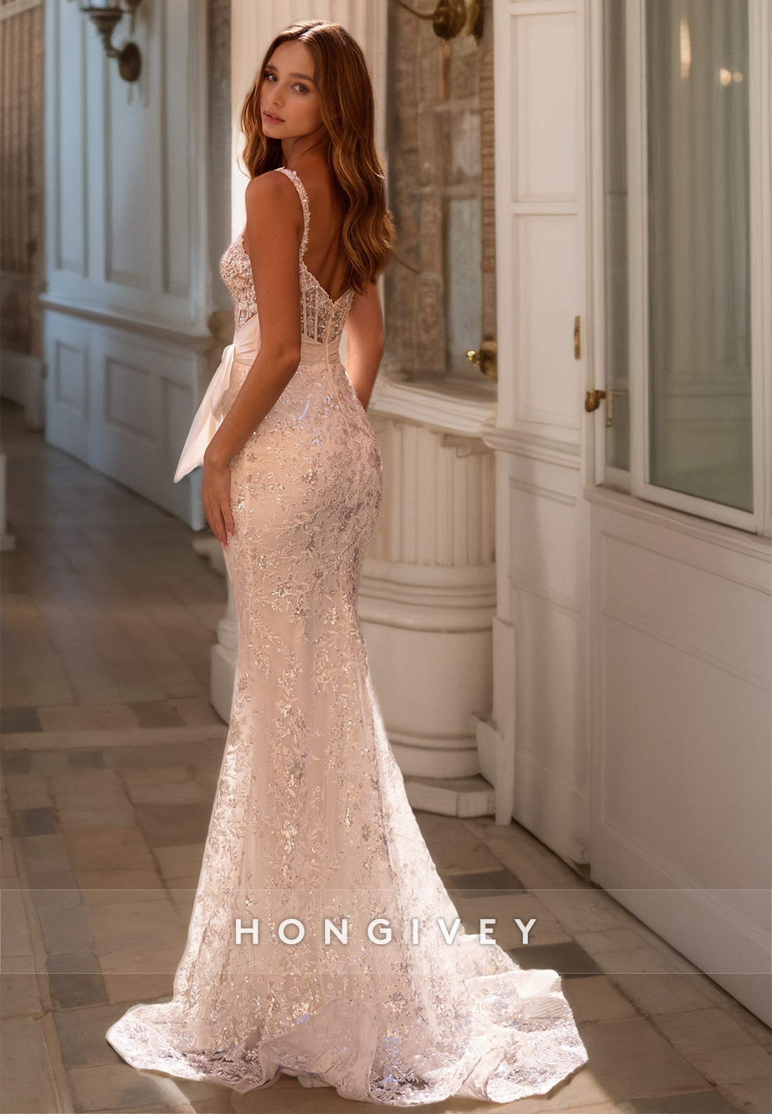 HONGIVEY Elegant Mermaid Evening Dress with Bow Belt Gorgeous Formal Party Gown with Train