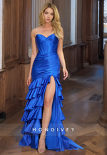 HONGIVEY Tiered Mermaid Evening Dress Side Slit Ruched Floor Length Prom Gown