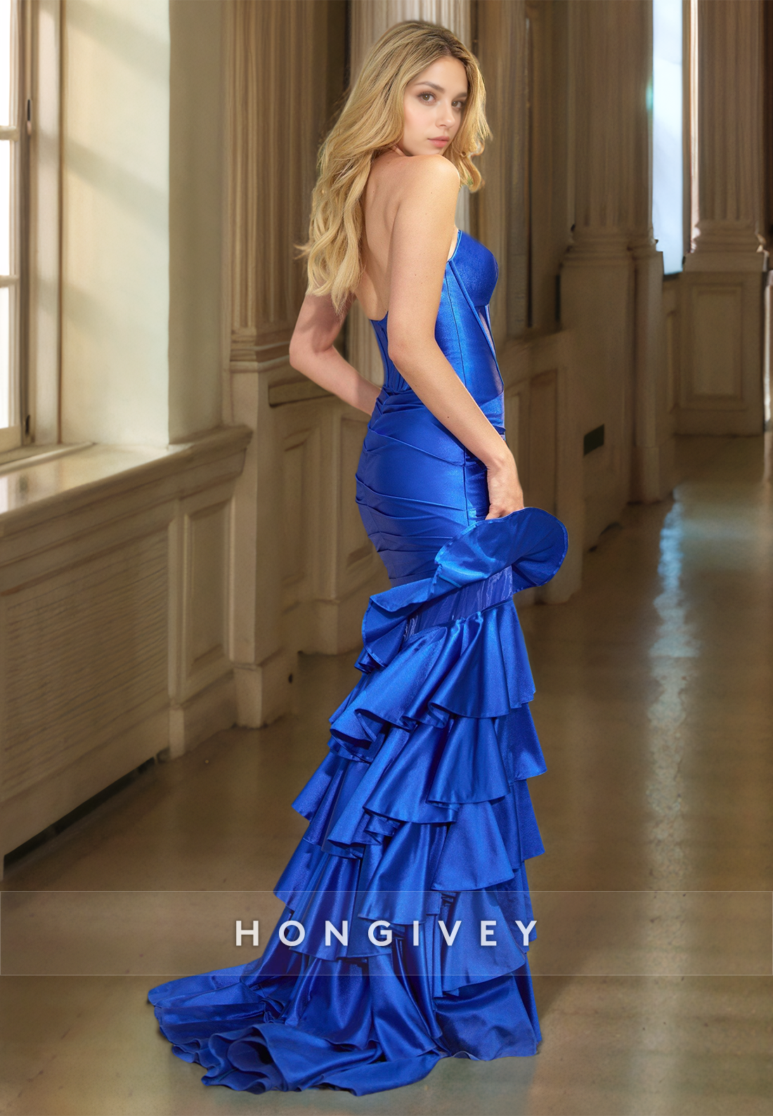 HONGIVEY Tiered Mermaid Evening Dress Side Slit Ruched Floor Lenghth Prom Gown