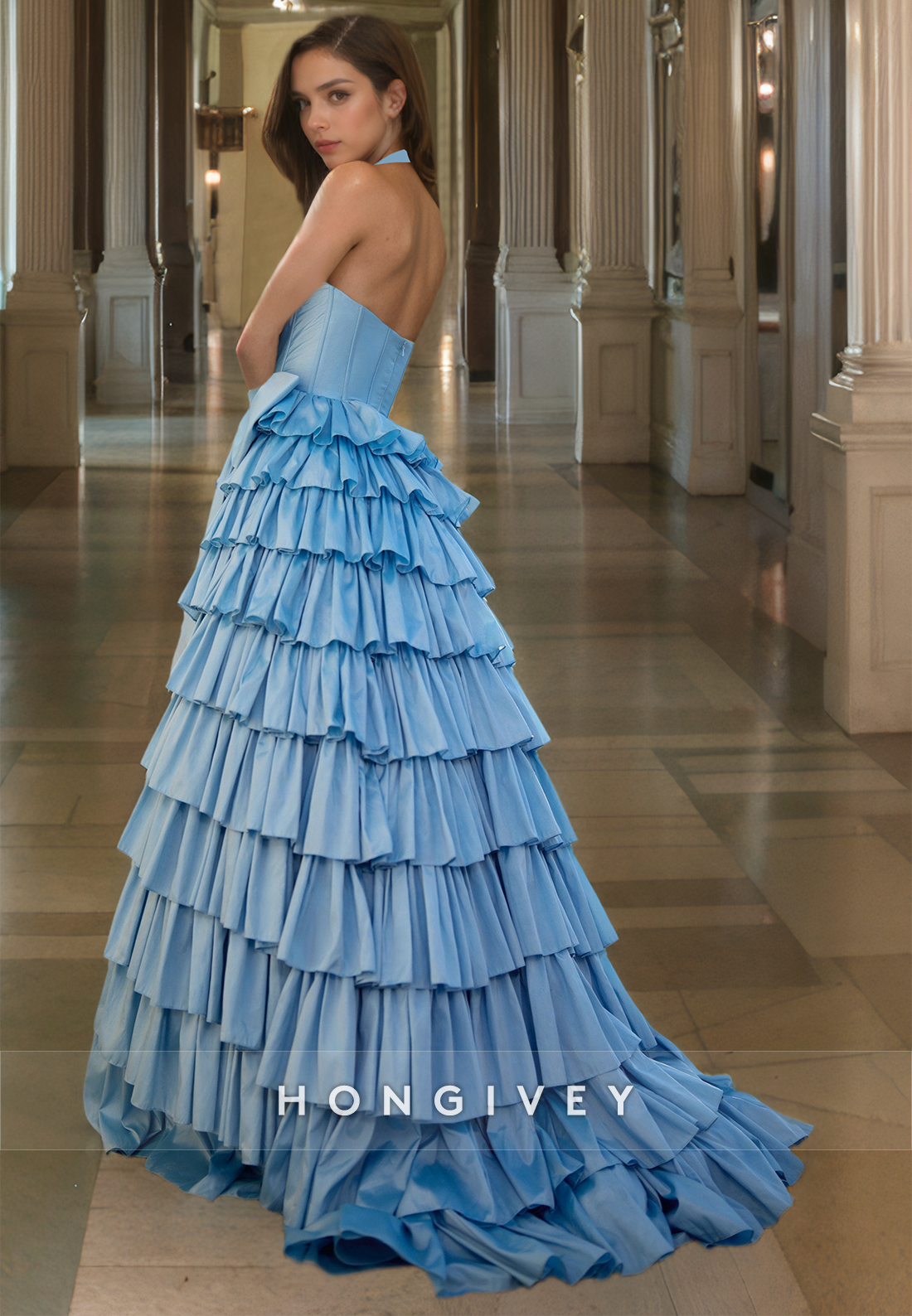 HONGIVEY New Tiered Prom Gown with Belt Blue V-Neck A-Line Formal Party Dress Custom