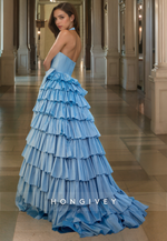 HONGIVEY New Tiered Prom Gown with Belt Blue V-Neck A-Line Formal Party Dress Custom