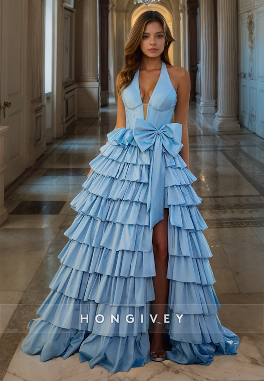 HONGIVEY New Tiered Prom Gown with Belt Blue V-Neck A-Line Formal Party Dress Custom