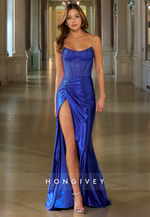 HONGIVEY Glitter Mermaid/Trumpet Evening Dress Royal Blue High Side Slit Long Prom Gown