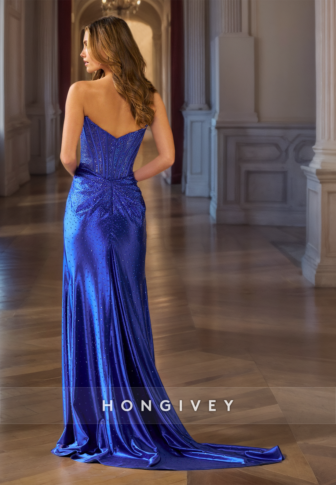 HONGIVEY Glitter Mermaid/Trumpet Evening Dress Royal Blue High Side Slit Long Prom Gown