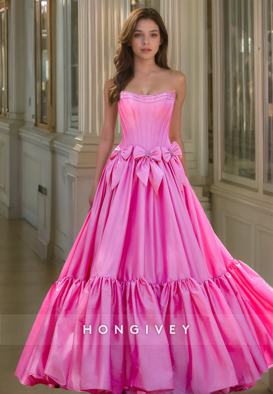 HONGIVEY Pink Bows A-Line Prom Gown Birthday Party Wear Homecoming Quinceanera Dresses