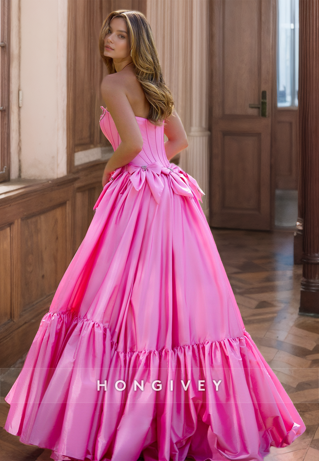 HONGIVEY Pink Bows A-Line Prom Gown Birthday Party Wear Homecoming Quinceanera Dresses