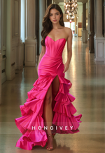 HONGIVEY Fuchsia Tiered Prom dress with Train Sweetheart Long Party Gown