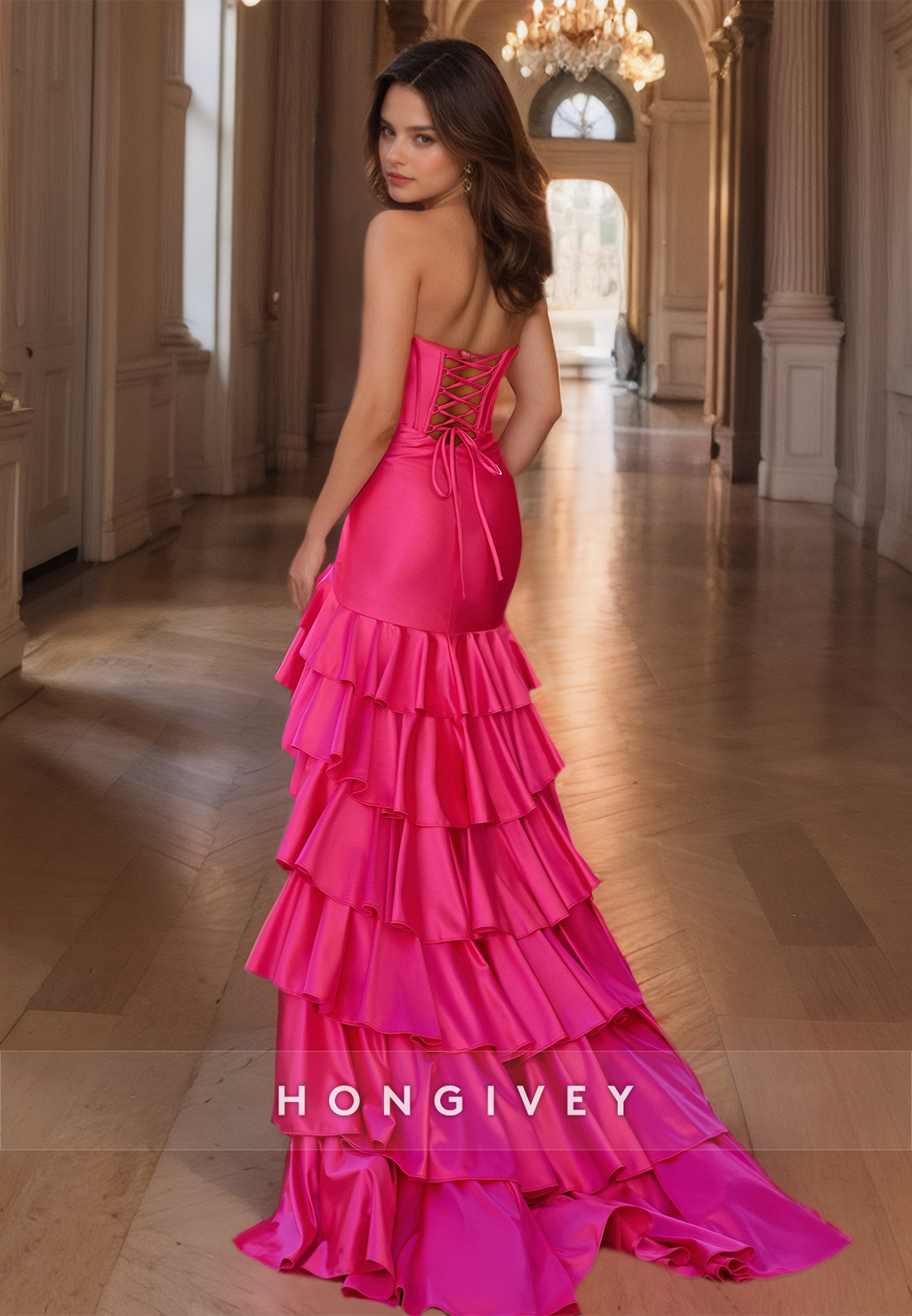 HONGIVEY Fuchsia Tiered Prom dress with Train Sweetheart Long Party Gown