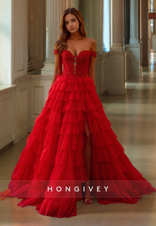 HONGIVEY Red A-Line Tiered Tulle Prom Gown Off-Shoulder Slit Sweetheart Formal Party Dress