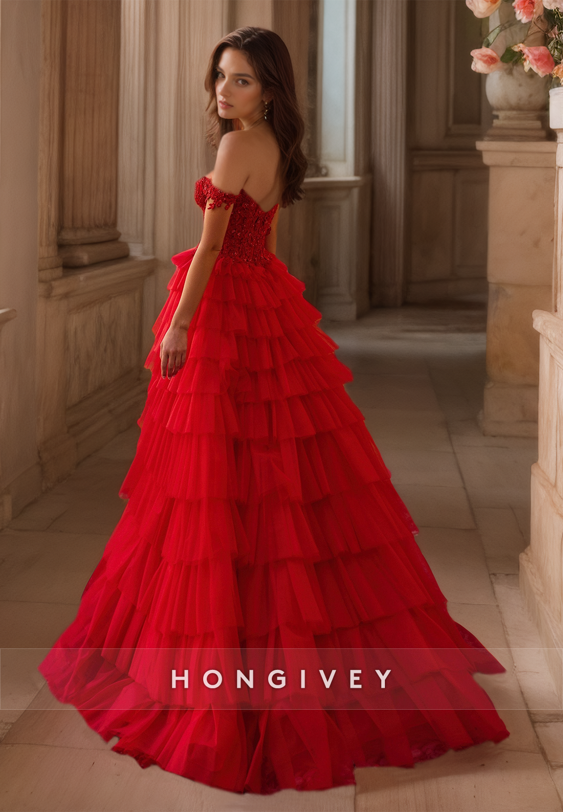 HONGIVEY Red A-Line Tiered Tulle Prom Gown Off-Shoulder Slit Sweetheart Formal Party Dress