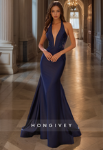 HONGIVEY Sexy V-Neck Mermaid Evening Dress with Train Fitted Satin Prom Gown