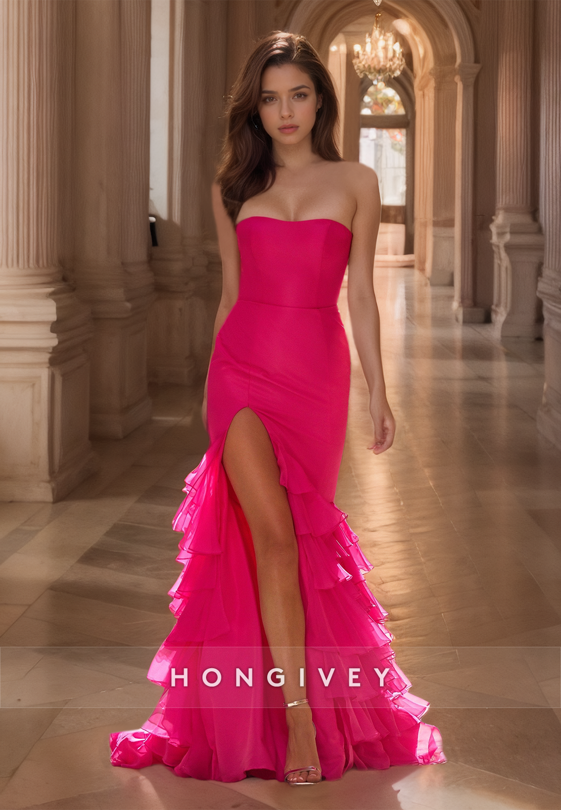 HONGIVEY Fuchsia Tiered  Mermaid Prom Gown Strapless Ruched Evening Dress