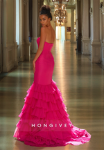 HONGIVEY Fuchsia Tiered  Mermaid Prom Gown Strapless Ruched Evening Dress