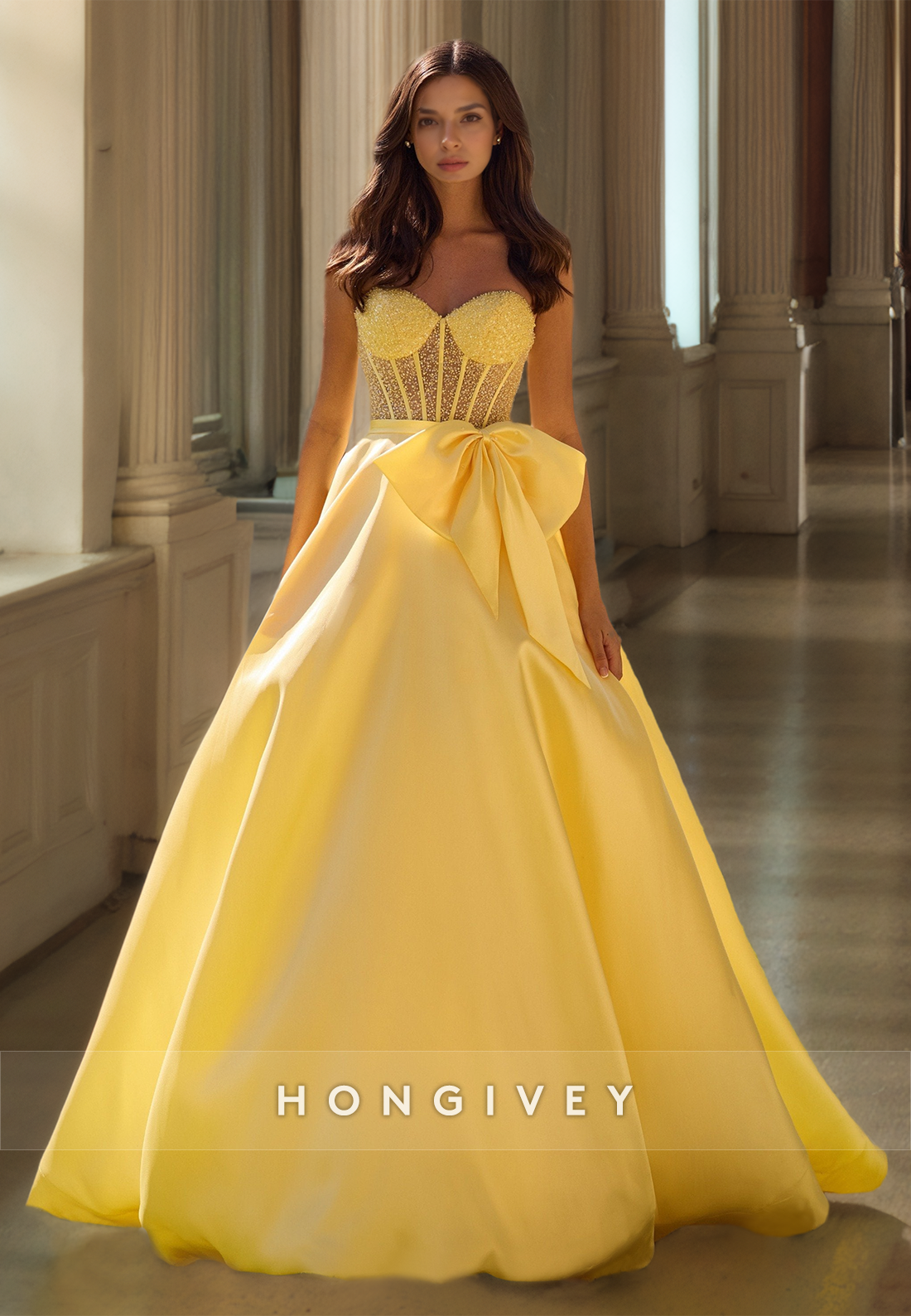 HONGIVEY Sweetheart Bow Prom Gown A-Line Evening Dress Yellow Quinceanera Dresses