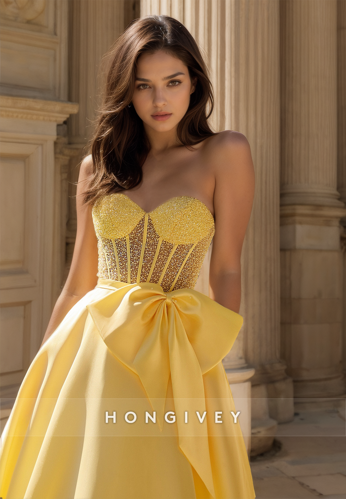 HONGIVEY Sweetheart Bow Prom Gown A-Line Evening Dress Yellow Quinceanera Dresses