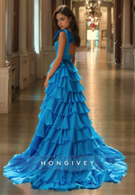 HONGIVEY Blue Tiered Tulle A-Line Prom Gown Classic Square Floor Length Evening Dress