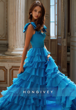 HONGIVEY Blue Tiered Tulle A-Line Prom Gown Classic Square Floor Length Evening Dress