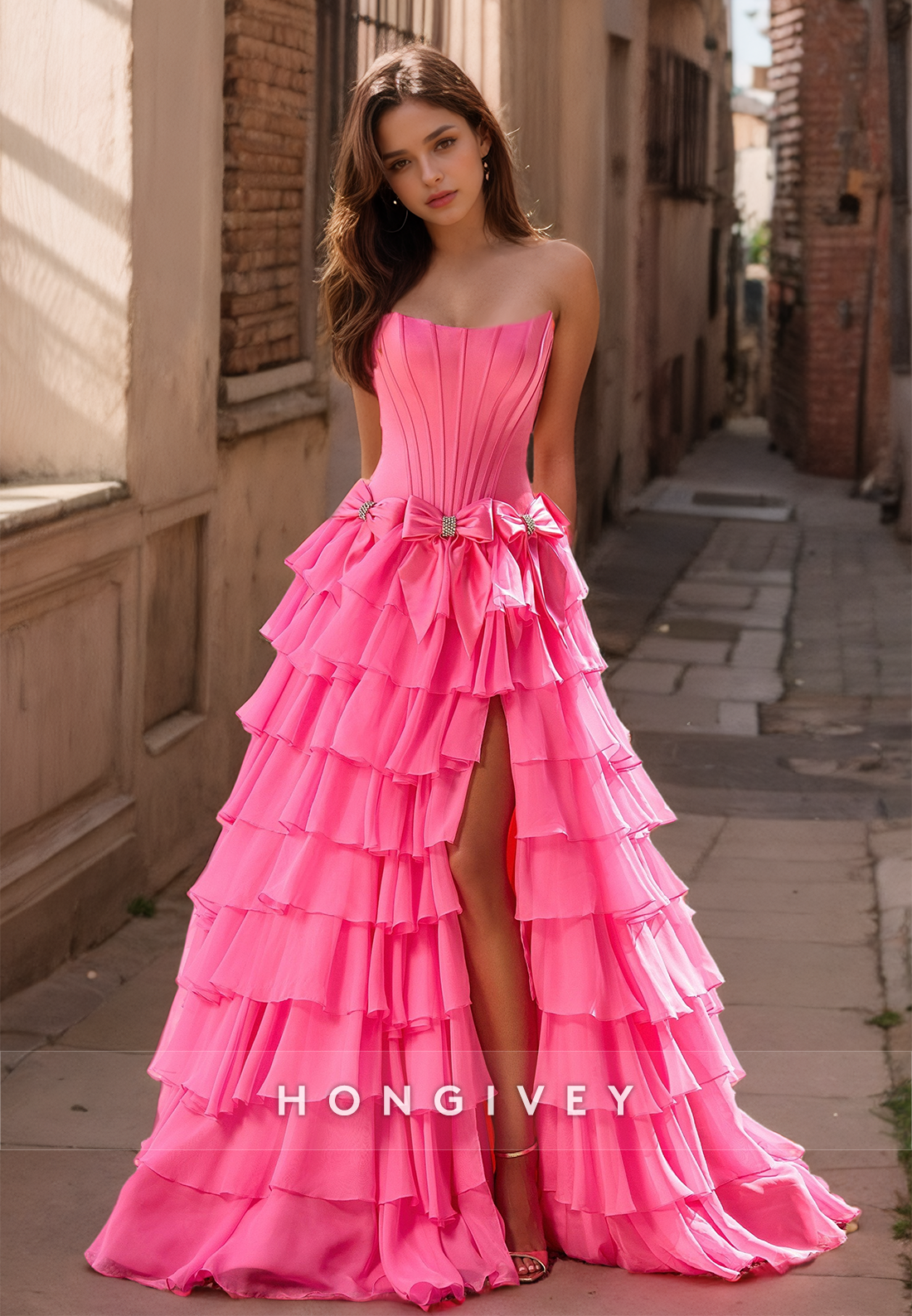 HONGIVEY Pink Strapless A-Line Prom Gown Tiered Ruched Long Party Dress with Side Slit