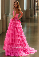 HONGIVEY Pink Strapless A-Line Prom Gown Tiered Ruched Long Party Dress with Side Slit