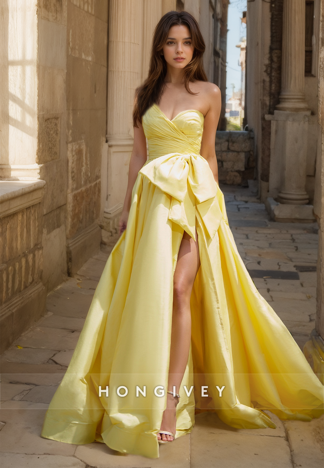 HONGIVEY Sweetheart A-Line Prom Gown with Bow Yellow Side Slit Formal Evening Dress