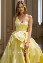 HONGIVEY Sweetheart A-Line Prom Gown with Bow Yellow Side Slit Formal Evening Dress