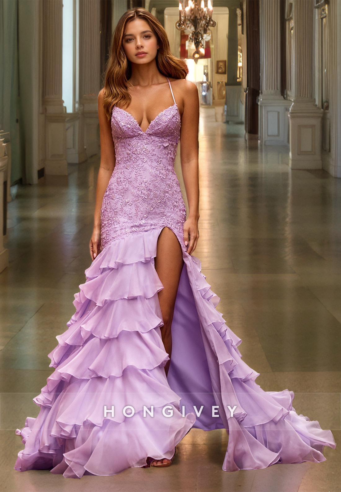 HONGIVEY Luxury Lilac Mermaid Evening Dress Lace Applique Tiered Backless Prom Gown