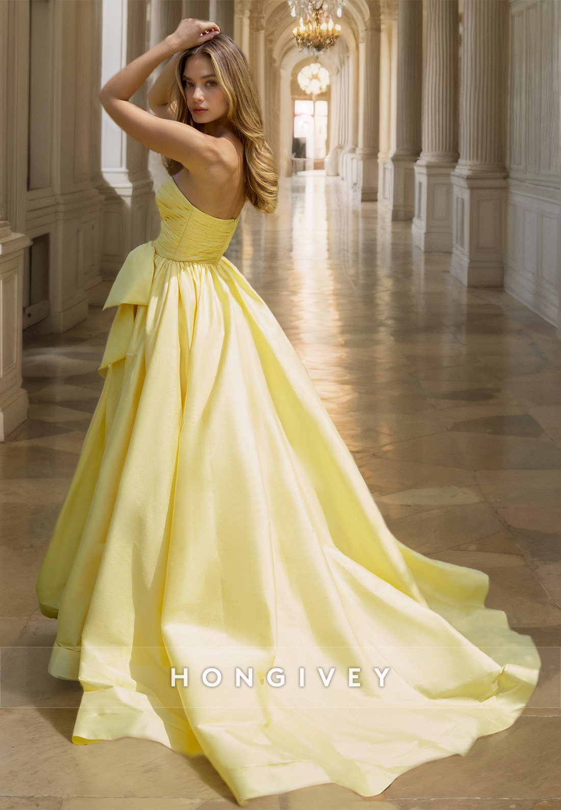 HONGIVEY Sweetheart A-Line Prom Gown with Bow Yellow Side Slit Formal Evening Dress