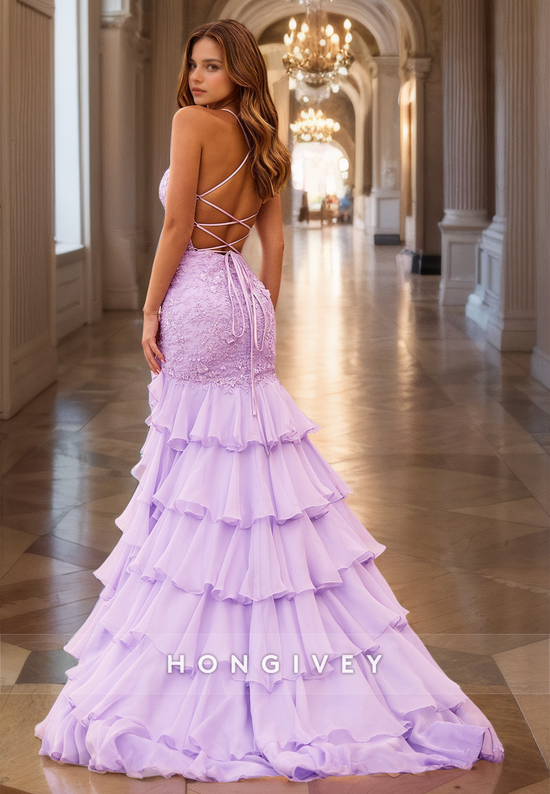 HONGIVEY Luxury Lilac Mermaid Evening Dress Lace Applique Tiered Backless Prom Gown