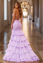 HONGIVEY Luxury Lilac Mermaid Evening Dress Lace Applique Tiered Backless Prom Gown