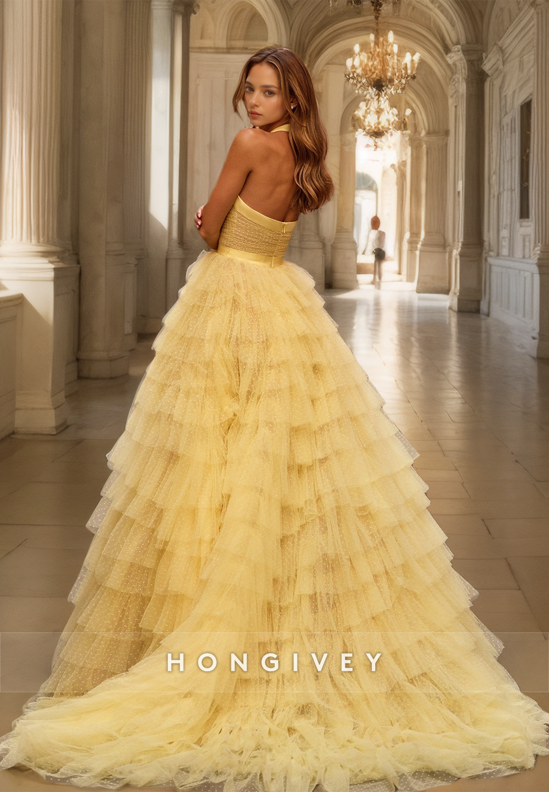 HONGIVEY Tulle A-Line Prom dress Halter Tiered Formal Party Gown Sweetheart Ball Gown