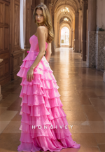 HONGIVEY Pink Strapless Tulle A-Line Prom Gown Side Slit Tiered Formal Party Homecoming