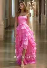 HONGIVEY Pink Strapless Tulle A-Line Prom Gown Side Slit Tiered Formal Party Homecoming