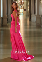 HONGIVEY Fuchsia Straps Satin Evening Dress Classic Solid Side Slit Prom Gown Custom