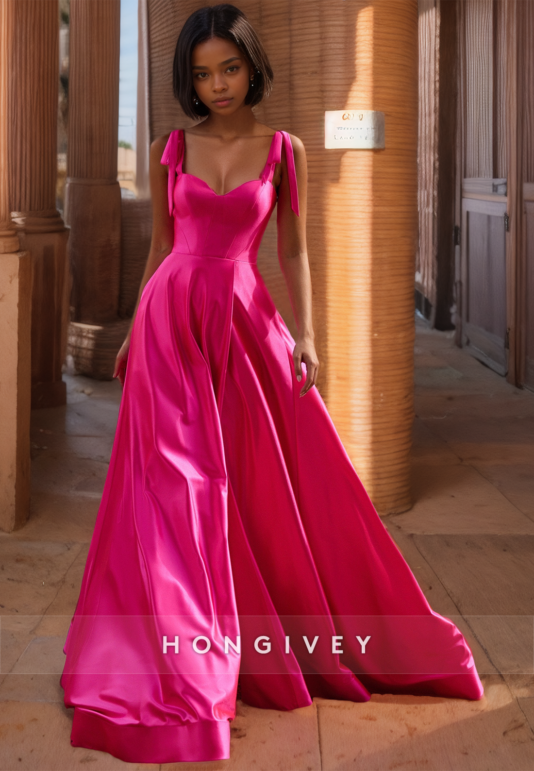 HONGIVEY Straps A-Line Prom dress Fuchsia Simple Satin Evening Dress with Train