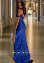 HONGIVEY Straps Lace Applique Evening Dress Royal Blue Trumpet Formal Party Gown