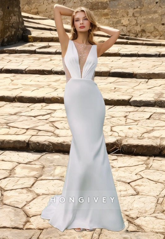 HONGIVEY Sexy Satin Mermaid Wedding Dresses Beach V-Neck Backless Beaded Bride Dress