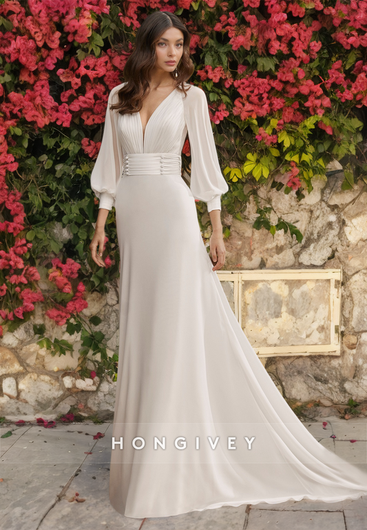 HONGIVEY Long Sleeves Tulle Wedding Dresses with Belt Floor Length A-Line Bride Gown