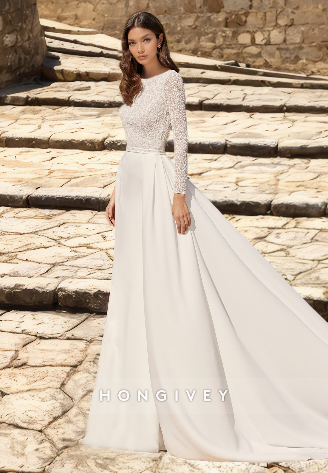 HONGIVEY Wedding Dresses with Train New Lace Long Sleeves Bateau A-Line Bride Dress