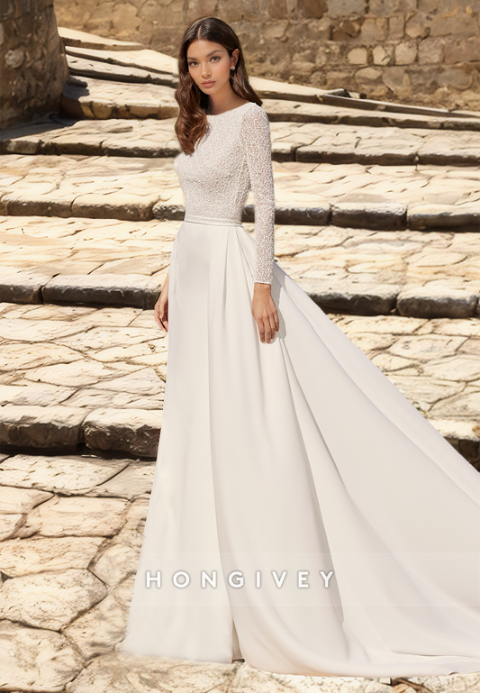 HONGIVEY Wedding Dresses with Train New Lace Long Sleeves Bateau A-Line Bride Dress